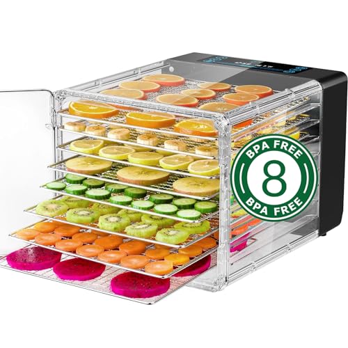 Reemix Dörrautomat, Dörrgerät mit 8 Etagen Abnehmbare, 6 Dörrebenen, LED-Display (30°-75°C) und 600W, 48h-Timer, Obsttrockner, Dehydrator, Rezeptheft, Spülmaschienfest (8 Etagen)