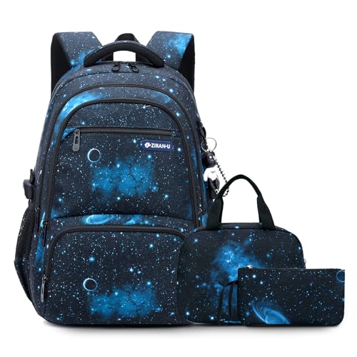 Amythe Schulrucksack für Teenager Jungen 3-teilig, Wasserdichter Daypack 30L mit Lunchtasche und Federmäppchen - Rucksack Ideal für Schüler der 3. bis 9. Klasse, Blau