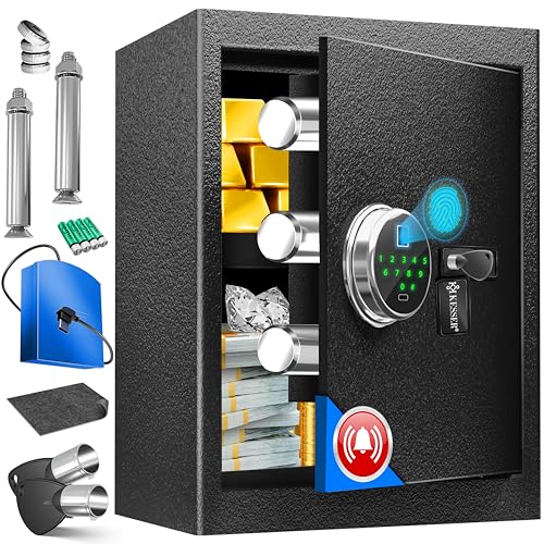 KESSER® Elektr. Tresor mit Fingerabdruck & Schlüssel XL | Inkl. Notfallakku | Elektronischer Safe | 3x Doppelbolzenverriegelung | Boden Wandtresor | Möbeltresor | Panzerschrank Zahlenschloss Schwarz