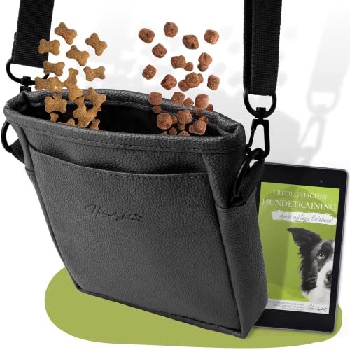 Heimatpfoten® Futterbeutel für Hunde aus Leder-Imitat - Gassi-Tasche mit Einhand Magnet-Verschluss Hunde-Leckerli-Beutel Zwei Kammern Futtertasche Schwarz
