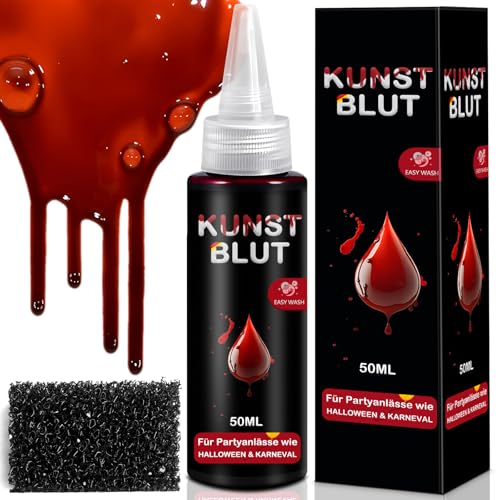 SEO-FANALLY Kunstblut Halloween 2er Set, Halloween Schminke Fake Blood 50 ml+1 Grober Schwamm, Fake Blut Realistisch, Abwaschbar und Sicher für SFX Make up, Theaterschminke, Zombies, Vampire, Cosplay