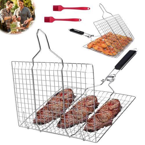 Edelstahl Fisch Grillkorb, Faltbare BBQ Grill Mesh Klemme mit abnehmbarem Griff, Grillkorb Fischbräter Set, Tragbar Grillkörbe, Faltbar Grillkörbe, für Fischgemüse, Steak, Garnelen, ung Chicken Wings