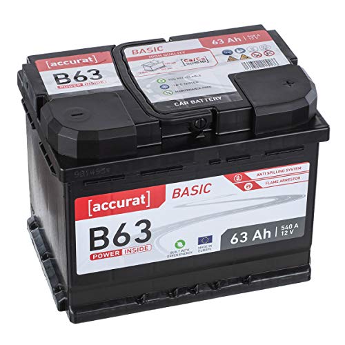 Accurat Basic B63 Autobatterie - 12V, 63Ah, 560A, zyklenfest, wartungsfrei, 30% mehr Startleistung, Ca-Technologie, Pluspol rechts- Starterbatterie, Nassbatterie, Blei-Säure Batterie