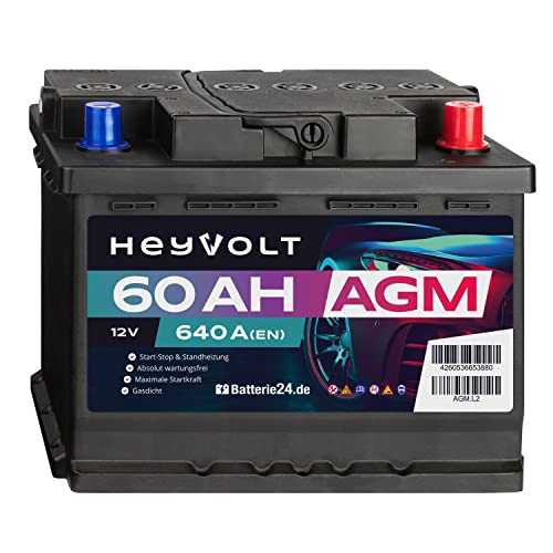 HeyVolt AGM Autobatterie 12V 60Ah 640A/EN Starterbatterie, Start-Stopp & Standheizung geeignet, absolut wartungsfrei