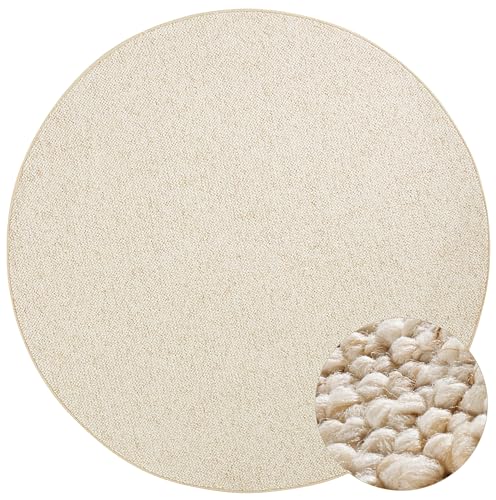 BT Carpet Wolly Teppich Rund – Wohnzimmerteppich Flachgewebe Kurzflor Woll-Optik Wolle Skandi-Look Esszimmer, Wohnzimmer, Kinderzimmer, Schlafzimmer – Creme, 133cm