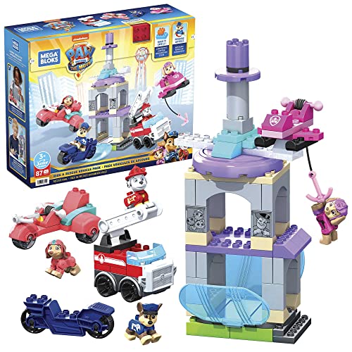 MEGA HFC18 - Mega Bloks PAW Patrol Fahr- Und Rettungsfahrzeug-Bausatz, 83 Bausteine Und Spezialteile Mit 4 Beweglichen Figuren, Chase, Marhsall, Liberty Und Skye, Spielzeug-Geschenkset Ab 3 Jahren