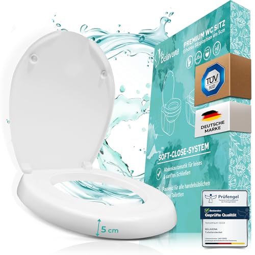 BELAVENA® WC Sitzerhöhung 5cm inkl. Absenkautomatik für bequemes Sitzen & Aufstehen/Erhöhter Toilettensitz aus Duroplast bis 200 kg belastbar