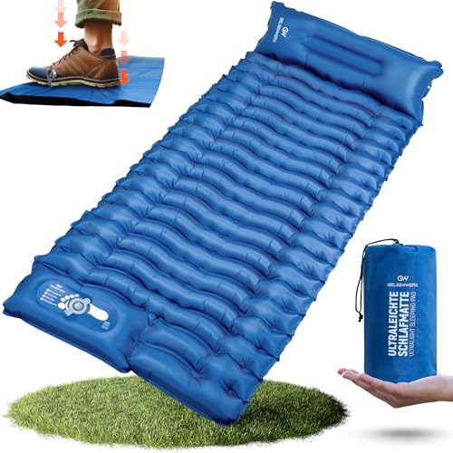 GELSENWERK® Aufblasbare Isomatte Ultraleicht 10cm und kleines Packmaß - Schlafmatte mit Fußpumpe & Kopfkissen - Camping Luftmatratze Outdoor zum Wandern & Zelten