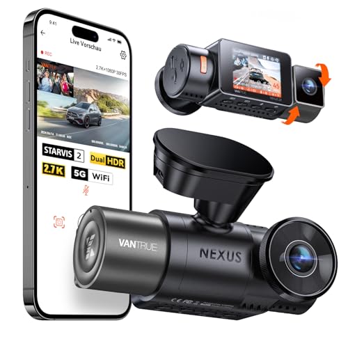 VANTRUE N2X 2.7K+1080P Dashcam Auto Vorne Innen, STARVIS 2 Dual HDR Nachtsicht Dash Cam, 2.5K/60FPS Front, GPS, 5GHz WiFi, App & Sprachsteuerung, 2″ 323° Dasch-Cam 24/7 Parkmodus, G Sensor, max. 1TB