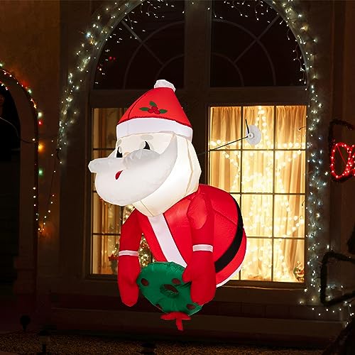 GOPLUS aufblasbarer Weihnachtsmann Deko, 100cm Santa Claus am Fenster mit LED Lichtern & Gebläse, Fensterdekorationen aufblasbar draußen mit Weihnachtskranz für Drinnen & Draußen