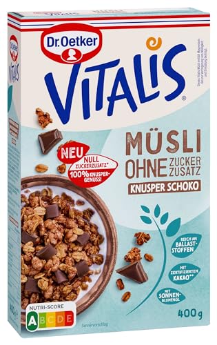 Dr. Oetker Vitalis Müsli ohne Zuckerzusatz Knusper Schoko 4er Pack Knusper Müsli aus Kakaogranola und 12% zuckerfreier, belgischer Schokolade (mit Maltit) (4 x 400g)