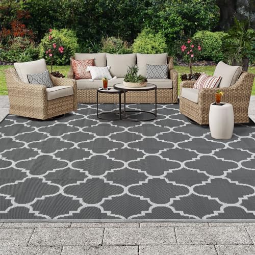OIGAE Outdoor Teppich Wetterfest 180x270CM Balkon Teppich Wetterfester Outdoor Teppich Für Terrasse Garten Grau Teppich Plastik Recyceltem Wendbarer Teppiche UV Beständig