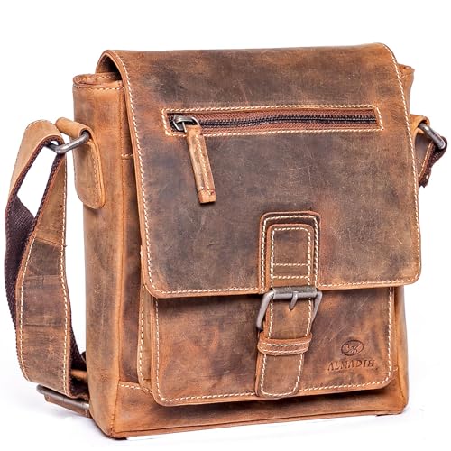 ALMADIH Leder Umhängetasche Herren LUIS perfekt für Tablet iPads 9.7 zoll - Kompakte echte Ledertasche Herren Schultertasche kleine Herrentasche Herrenhandtasche Männer braun (LUIS vintage)