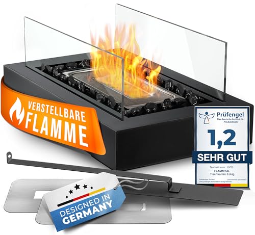 flammtal Bioethanol Tischkamin Square für Garten Terrasse Balkon Tisch Deko - Tischfeuer für Indoor & Outdoor [3h Brenndauer] - Verstellbare Flamme & Schimmernde Dekosteine - mit Sicherheitsglas
