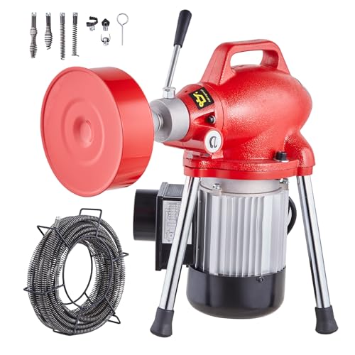 VEVOR Rohrreinigungsmaschine 66 Fuß x 5/8 Zoll, 250 W elektrische Rohrreinigungsmaschine mit manueller Zufuhr – mit 2 Stahlkabeln, 7 Schneidern und CW/CCW-Steuerung für 1,6' bis 4' Rohre