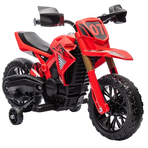 AIYAPLAY 12V Elektro Kinder Motorrad, Kindermotorrad mit Stützrädern, bis 3 km/h, Elektromotorrad mit Hupe und Startgeräusch, Kinderfahrzeug für 3-8 Jahre Kinder, max. 30 kg, Rot