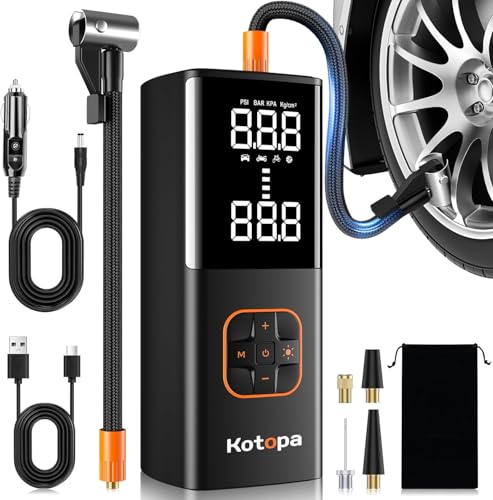 Elektrische Luftpumpe, 150 PSI Akku Luftpumpe, Kotopa Wiederaufladbare Luftkompressor mit 4 Adapter für Auto/Motorrad/Fahrrad/Ball, Fahrradpumpe mit LED-Licht & Powerbank für Reise, Camping