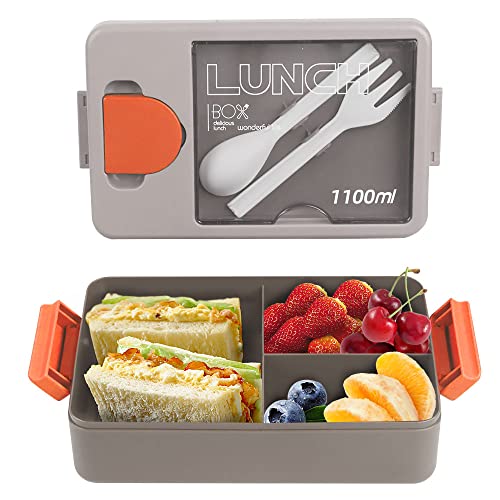 Bugucat Bento Box 1100ML, Lunchbox Kinder Brotdose mit 3 Fächern und Besteckset, Vesperdose Frühstücksbox für Spülmaschinen Mikrowellen, Brotzeitbox Brotbüchse für Erwachsene, BPA-Free (Grau)