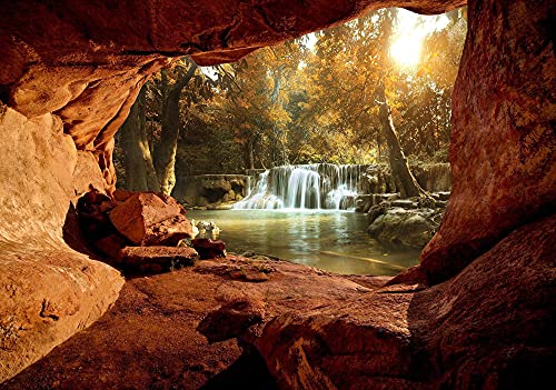 Forwall Fototapete Wald 3D EFFEKT Höhle Natur Wasserfall Landschaft Wohnzimmer Schlafzimmer Vlies Tapete Wandtapete UV-Beständig Montagefertig (10261, VEXXL (312x219 cm) 3 Bahnen)