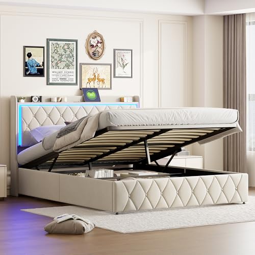 FOERPL Boxspringbett 140 x 200 cm mit Stauraum, LED, Ladefunktion und Kopfteil - gepolstertes Doppelbett für Erwachsene (Beige)