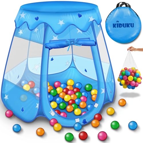 KIDUKU® Kinderspielzelt + 100 Bälle + Tasche Spielhaus Bällebad Schloss für drinnen und draußen (Blau)