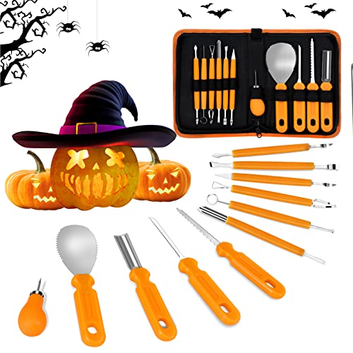 JANERIW Halloween Kürbis Schnitzset, 11 Stück Schnitzwerkzeug Kürbis Professionelles Kürbis Schnitzwerkzeug Edelstahl Kürbisschnitzwerkzeug mit Aufbewahrungstasche DIY für Kinder Halloween Deko