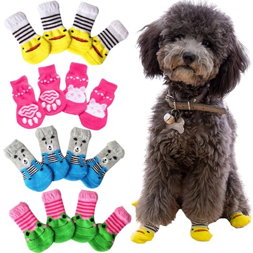 TYXHXTF 16 Stück Indoor Anti-Rutsch Socken für Hunde, Paw Protectoren Hundesocken, Hundesocken Pfotenschutz, Drinnen Warme Haustierschutz für Kleine