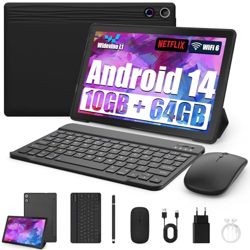 Tablet 10 Zoll 8-in-1 Kit Android 14 Tablet PC mit Hülle Tastatur Maus Stift Kopfhörer Netzstecker Kabel Octa-Core 10 GB RAM 64 GB ROM/ 1TB TF 1280x800 IPS HD Touchscreen 5000 mAh Akku Widevine L1