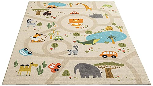 the carpet Happy Life Kinderzimmer, Kinderteppich, Spielteppich, Straßenteppich, Straße, Dschungel, Tiere, Auto, Beige, 160 x 220 cm