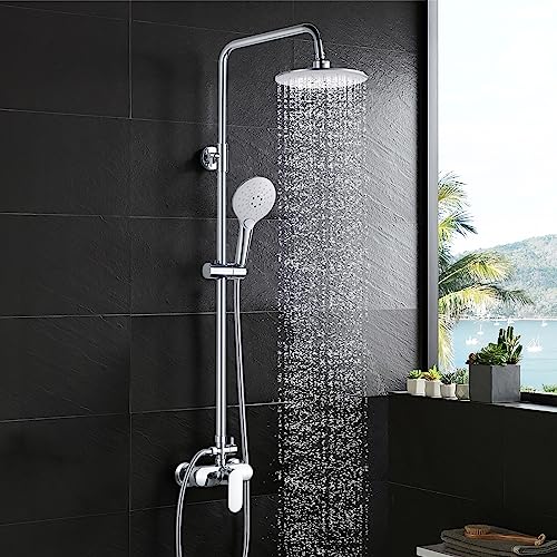 Namuoto Duschset mit Armatur, Duschsystem mit Mischbatterie Dusche, Kopfbrause, Handbrause, Brausestange, Regendusche Set HöHenverstellbar, Duschamaturenset Regendusche, Rund, Chrom