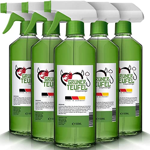 Grüner Teufel Enzymreiniger mit Sprühkopf | Starker Reiniger auf Enzymbasis | Teppichreiniger, Küchenreiniger - Polsterreiniger – Allzweckreiniger | Ideal für Sofa, Auto, Sitze, Polster (500 ml) 5x
