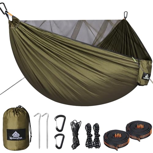 NatureFun Camping Hängematte mit Moskitonetz | 300kg Belastbarkeit,(290 x 140 cm) Atmungsaktives,schnell trocknendes Fallschirm-Nylon | Komplettes Zubehör | Einfacher Aufbau