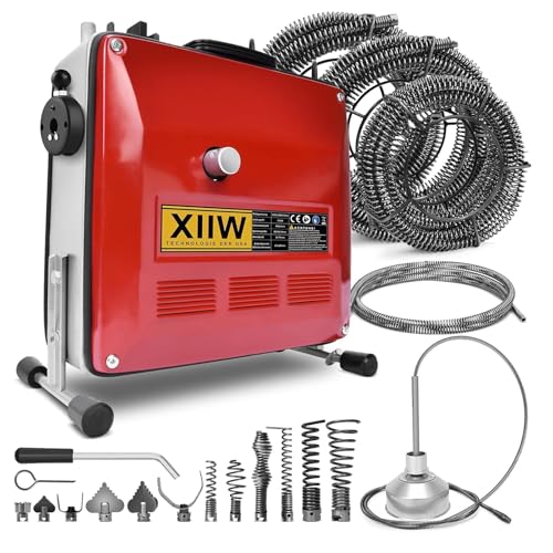 Rohrreinigungsmaschine 850W mit 28m Ø22mm,14.5m Ø16mm, 5m Ø10mm Spirale für Ø20-200mm Rohrleitungen, 12 Köpfe, Rohrreinigungsgerät 450U/M Elektrische Rohrreiniger Reinigung Abflussreiniger