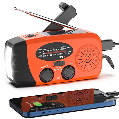 Solar Radio, Zexrow Tragbar Kurbelradio Dynamo Radio mit AM/FM Notfall Radio mit 2000mAh Wiederaufladbare Powerbank, SOS-Alarm, LED Taschenlampe, USB Handy Lader für Camping Ourdoor (Orange)