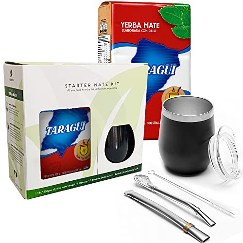 BALIBETOV Yerba Mate Tee Set - Inkl. Edelstahl Yerba Mate Becher (Mate Tee Tasse), Yerba Mate Tee Taragui (1Lb), 2 Bombilla Mate (Yerba Mate Strohhalm) und Reinigungsbürste (235 ml, Schwarz)