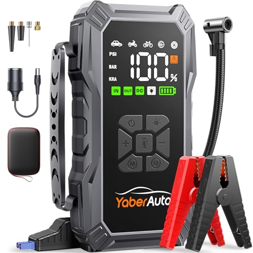 YaberAuto Starthilfe Powerbank mit Luftkompressor, 150PSI 5500A Auto Starthilfe, 23,800mAh Starthilfe, Starthilfe Auto (All Benzin und 10.0L Dieselmotor) mit LCD Bildschirm und 500 Lumen Notlicht
