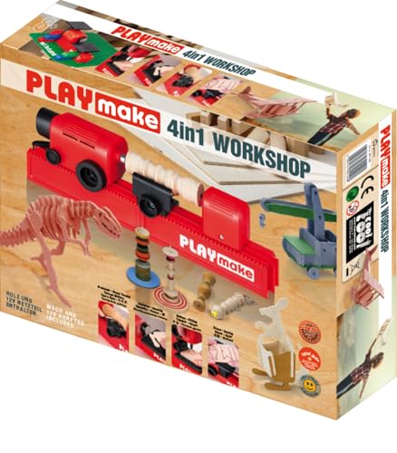 PLAYMAKE 4in1 Workshop - Kreativwerkstatt für Kinder ab 5 Jahren - Technikspielzeug für Holz und Karton - Sicheres Werkzeug für Kinder - 4 Funktionen in einem Spielzeug - Made in Austria