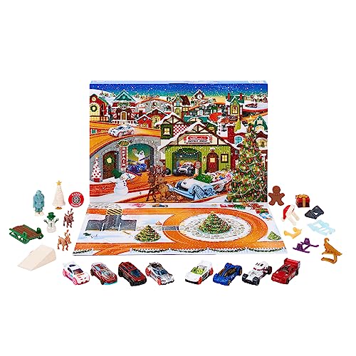 Hot Wheels Adventskalender - 8 Autos und 16 winterliche Zubehörteile hinter 24 nummerierten Türchen, inklusive Spielmatte, für Kinder Fans, HKL74