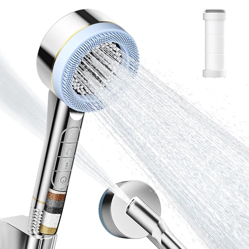 Duschkopf Wassersparender mit Filter, FYTSDIK Hochdruck Handbrause, 4 Strahlarten Sparduschkopf Duschbrause mit Massagebürste/Filtrationsstufen, für Entfernen vom harten Wasser und Chlorrückstände