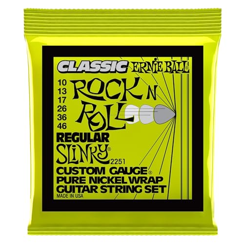 Ernie Ball Regular Slinky klassische Rock‘n‘Roll-E-Gitarrensaiten, reine Nickelwicklung, Stärke 10–46