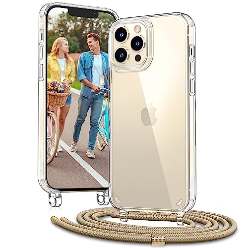 Handykette für Apple iPhone 12 Hülle mit Band und iPhone 12 Pro Hülle mit Band - Necklace Handyhülle - Transparente Case zum Umhängen mit Kameraschutz und Bildschirmschutz - Golden