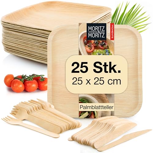 Moritz & Moritz Nachhaltiges Palmblatt Geschirrset für 25 Personen - 25 Teller Einweg 25 x 25 cm - 25 Holzbesteck Einweg - Alternative zu Bambusteller und Bambus Geschirrset