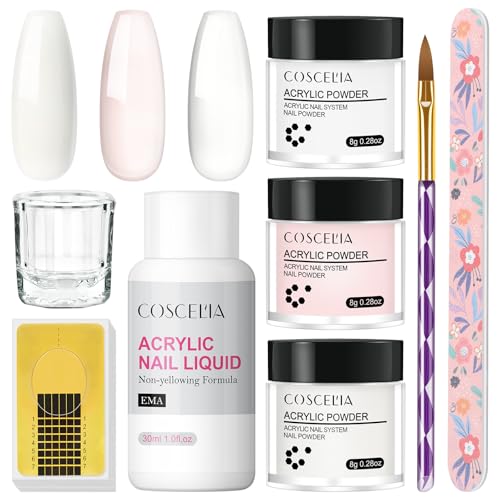 COSCELIA Acryl Nagelset Starterset Komplett--3 Farben Acryl Pulver Rosa/Klar/Weiß Mit 30ML Monomer Liquid für Nägel,Professionelles Acryll Pulver Nails Kit