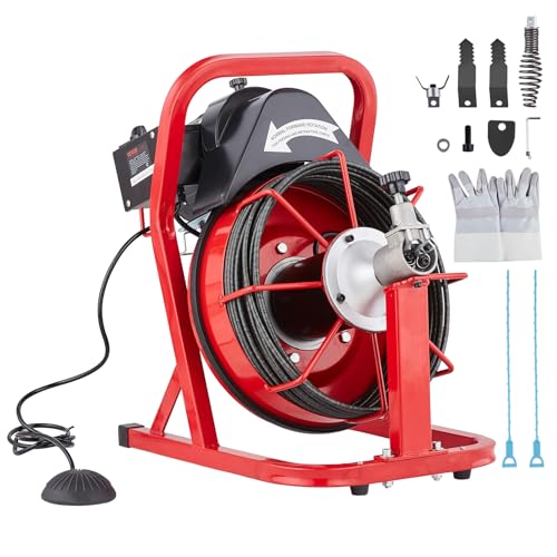 VEVOR Rohrreinigungsmaschine 50 FT x 3/8 Zoll, automatische Rohrreinigungsspirale, 250 W elektrische Rohrreinigungsmaschine mit 4 Schneidern und luftaktiviertem Fußschalter für 2' bis 4' Rohre