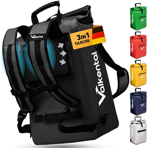 Valkental - 3in1 Fahrradtasche - NEUAUFLAGE 2024 - Geeignet als Gepäckträgertasche, Rucksack und Umhängetasche - Wasserdicht & Reflektierend - 23L - Schwarz