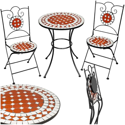 tectake® Terracotta Mosaik Bistroset, Beistelltisch rund mit 2X Stuhl, Balkonmöbel und Balkon Deko, Gartenmöbel, Terrassen Möbel Gartentisch mit Stühlen, wetterfest - braun