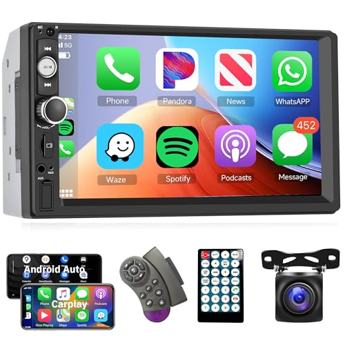 Apple Carplay Autoradio 2 Din mit Android Auto Bluetooth Freisprecheinrichtung 7 Zoll Touchscreen Autoradio mit Mirror Link Bluetooth FM Radio USB/AUX/TF Lenkradsteuerung + Rückfahrkamera Mikrofon