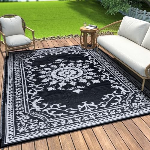 OMERAI 120X180CM Outdoor Teppich Wetterfest Balkon Vintage Schwarz Teppich Wohnzimmer UV Beständig StrapazierfäHige Teppiche Für Terrasse Garten Wendbarer Plastik Recyceltem Camping Teppich
