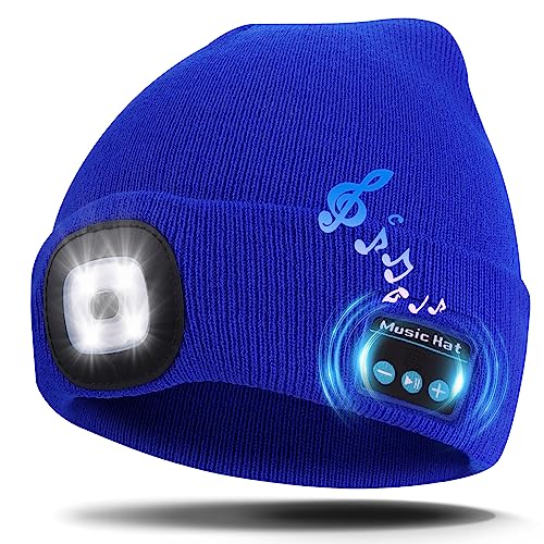Kaishengyuan Bluetooth Music Mütze, Wintermütze mit Licht, 4 LED Beanie Hut USB Aufladbare Caps für Männer Frauen warme Strickmütze für Wintersport im Freien Laufen Skifahren,Blau
