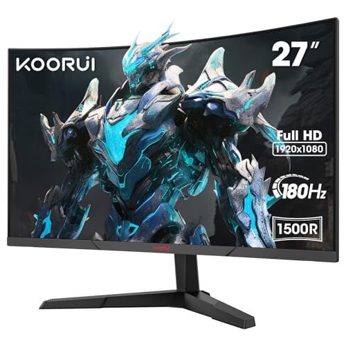 KOORUI 27 Zoll Curved Gaming Monitor, FHD 1080p, 1ms Reaktionszeit,180Hz Bildwiederholraten, HDMI 2.0/DP 1.2, 250cd/m² Helligkeit, Schwarz 27E6CA